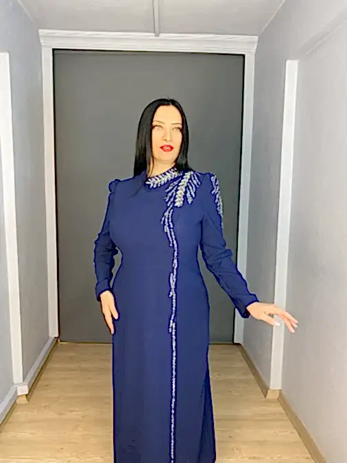 Lacivert Tesettür Büyük Beden Yaka Omuz İş Detaylı Abiye Elbise