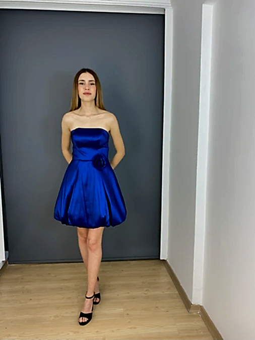 Lacivert Straplez Balon Etek Yan Gül Detaylı Kısa Abiye Elbise