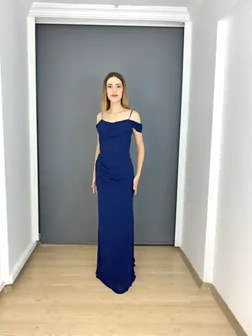 Lacivert  Madonna Yaka Bel Korsajlı  Balık Abiye Elbise 