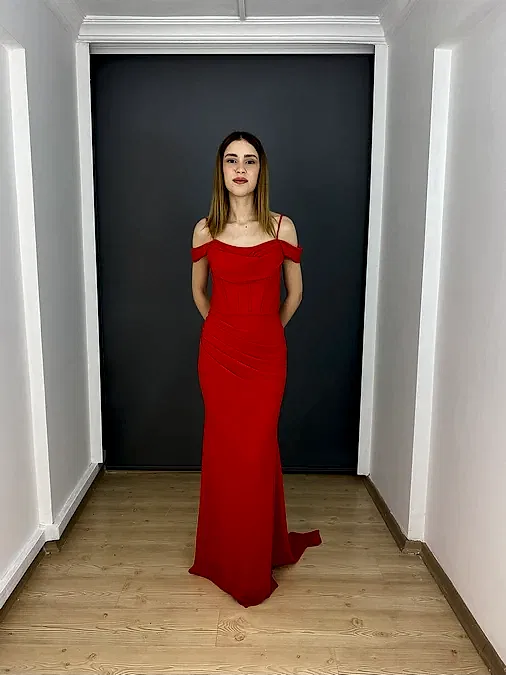 Kırmızı Madonna Yaka Bel Korsajlı  Balık Abiye Elbise 