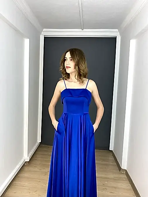 Sax Saten Askılı Kloş Cep Detaylı Uzun Abiye Elbise