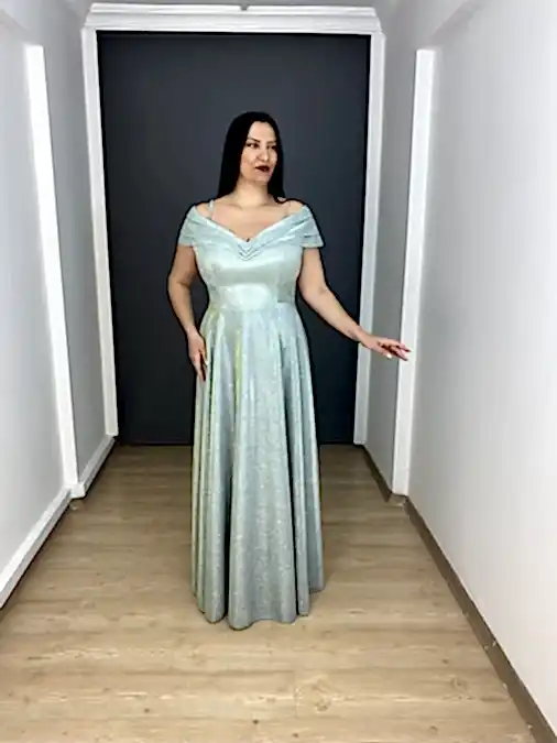 Mint Büyük Beden Madonna Yaka A Kesim Simli Uzun Abiye Elbise