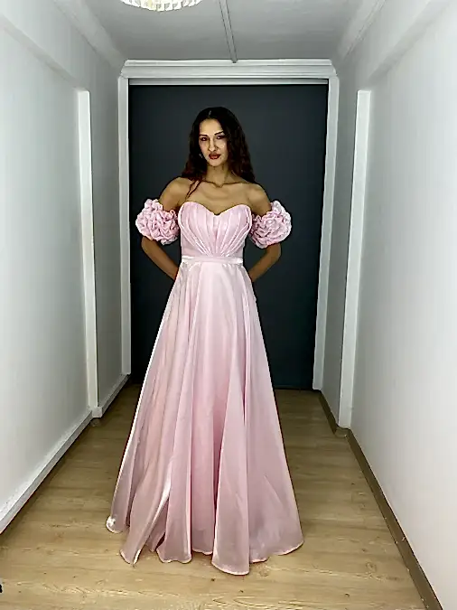 Pembe Organze Saten Straplez Portatif Kollu A Kesim Uzun Abiye Elbise