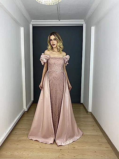 Pudra Straplez Boncuklu Pelerin Etek Detaylı Uzun Abiye Elbise