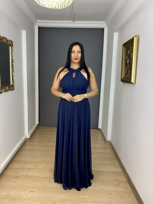 Lacivert Büyük Beden Tül Halter Kol Uzun Abiye Elbise