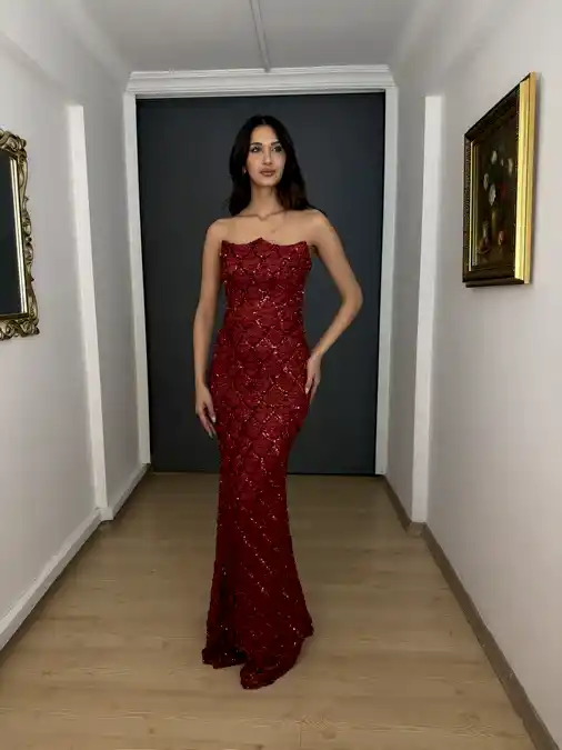 Kırmızı Staplez Pul Payet Balık Uzun Abiye Elbise